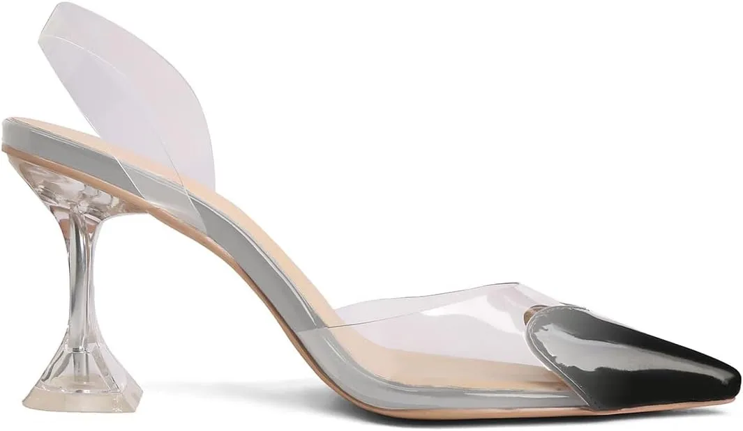 Women's Pointed Toe Cute Heart Kitten Clear Heels Transparent PVC Patent Leather Splicing Slingback Mid Heel Pumps Wedding Office Party Dressy Heeled Sandals for Women