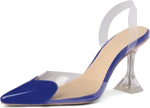 Women's Pointed Toe Cute Heart Kitten Clear Heels Transparent PVC Patent Leather Splicing Slingback Mid Heel Pumps Wedding Office Party Dressy Heeled Sandals for Women