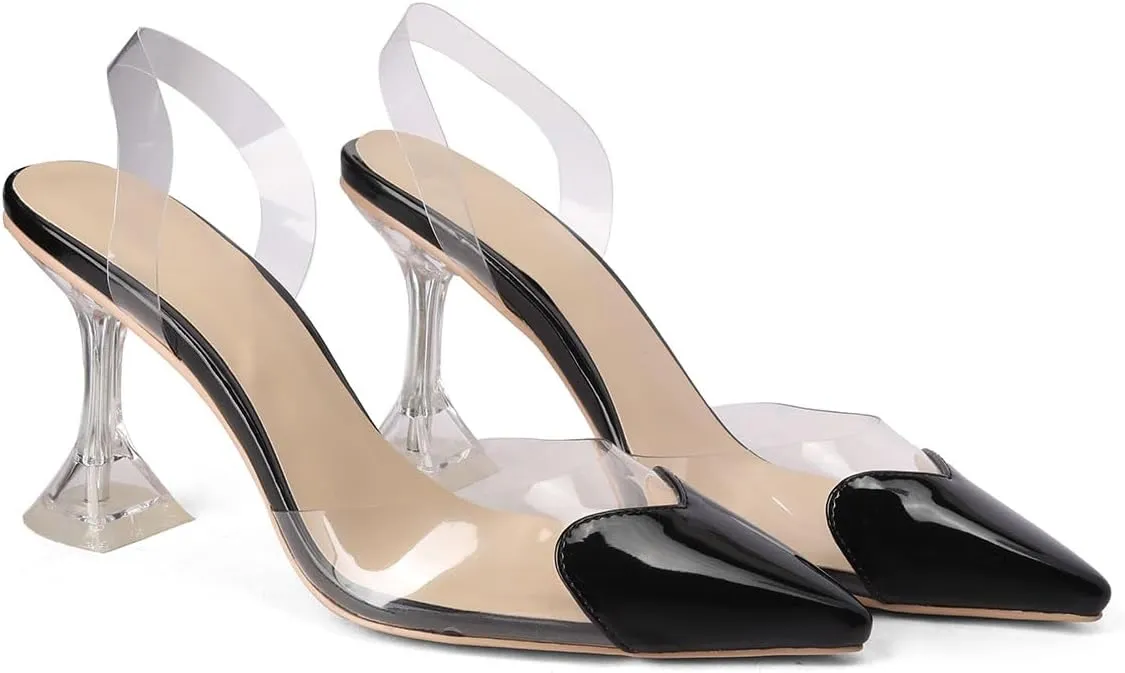 Women's Pointed Toe Cute Heart Kitten Clear Heels Transparent PVC Patent Leather Splicing Slingback Mid Heel Pumps Wedding Office Party Dressy Heeled Sandals for Women