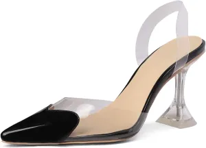 Women's Pointed Toe Cute Heart Kitten Clear Heels Transparent PVC Patent Leather Splicing Slingback Mid Heel Pumps Wedding Office Party Dressy Heeled Sandals for Women
