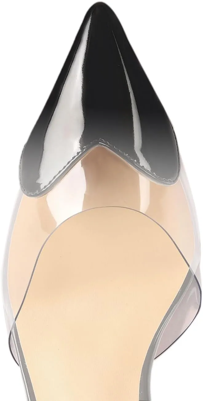 Women's Pointed Toe Cute Heart Kitten Clear Heels Transparent PVC Patent Leather Splicing Slingback Mid Heel Pumps Wedding Office Party Dressy Heeled Sandals for Women