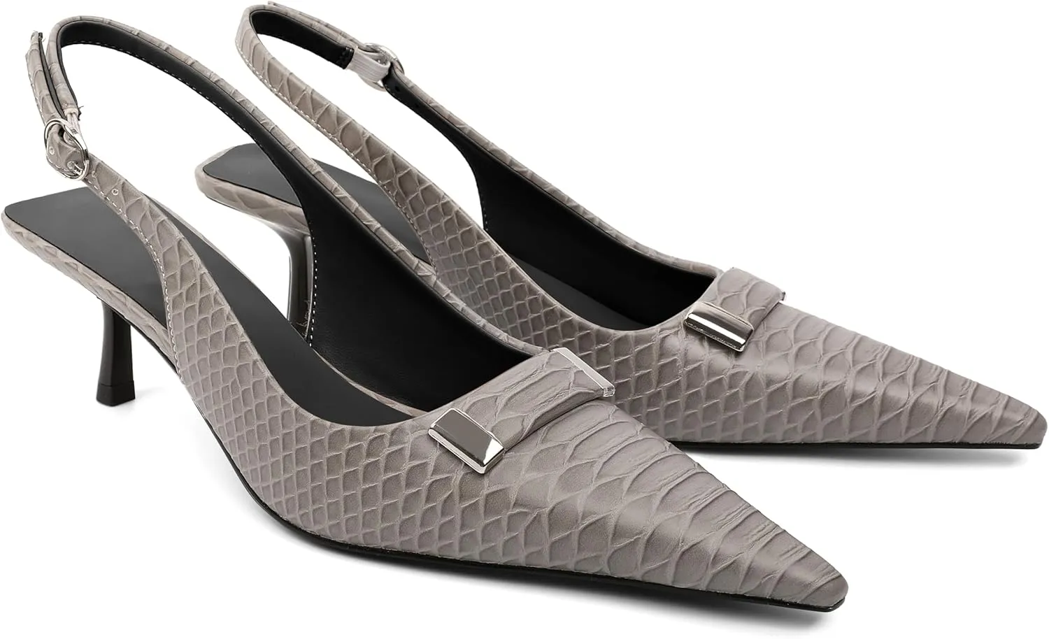 Women's Pointed Toe Slingback Heels Metal Buckle Ankle Strap Kitten Low Heel Pumps 2 Inch Stylish Retro Women Shoes