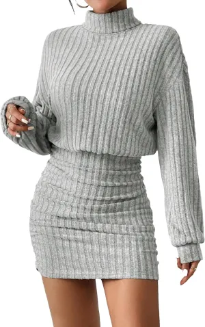Women's Pullover Sweater Dress Long Lantern Sleeve Turtle Neck Cute Ribbed Knit Bodycon Mini Short Dress 2024 Fall