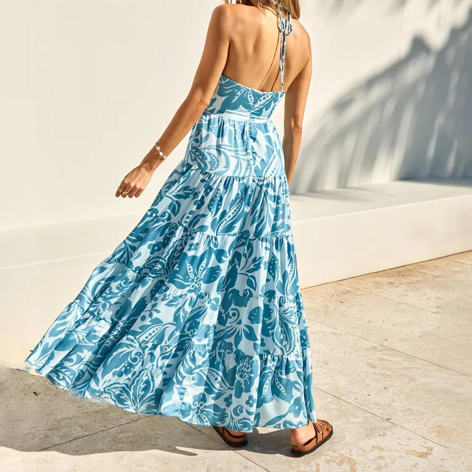 Women's Ruched Backless Mesh Maxi Dress Sleeveless Cutout Tie Up Sundress V Neck Low Cut Solid Color Chiffon Dress