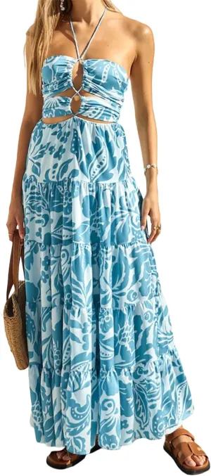 Women's Ruched Backless Mesh Maxi Dress Sleeveless Cutout Tie Up Sundress V Neck Low Cut Solid Color Chiffon Dress