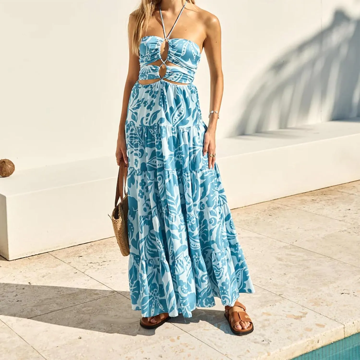 Women's Ruched Backless Mesh Maxi Dress Sleeveless Cutout Tie Up Sundress V Neck Low Cut Solid Color Chiffon Dress