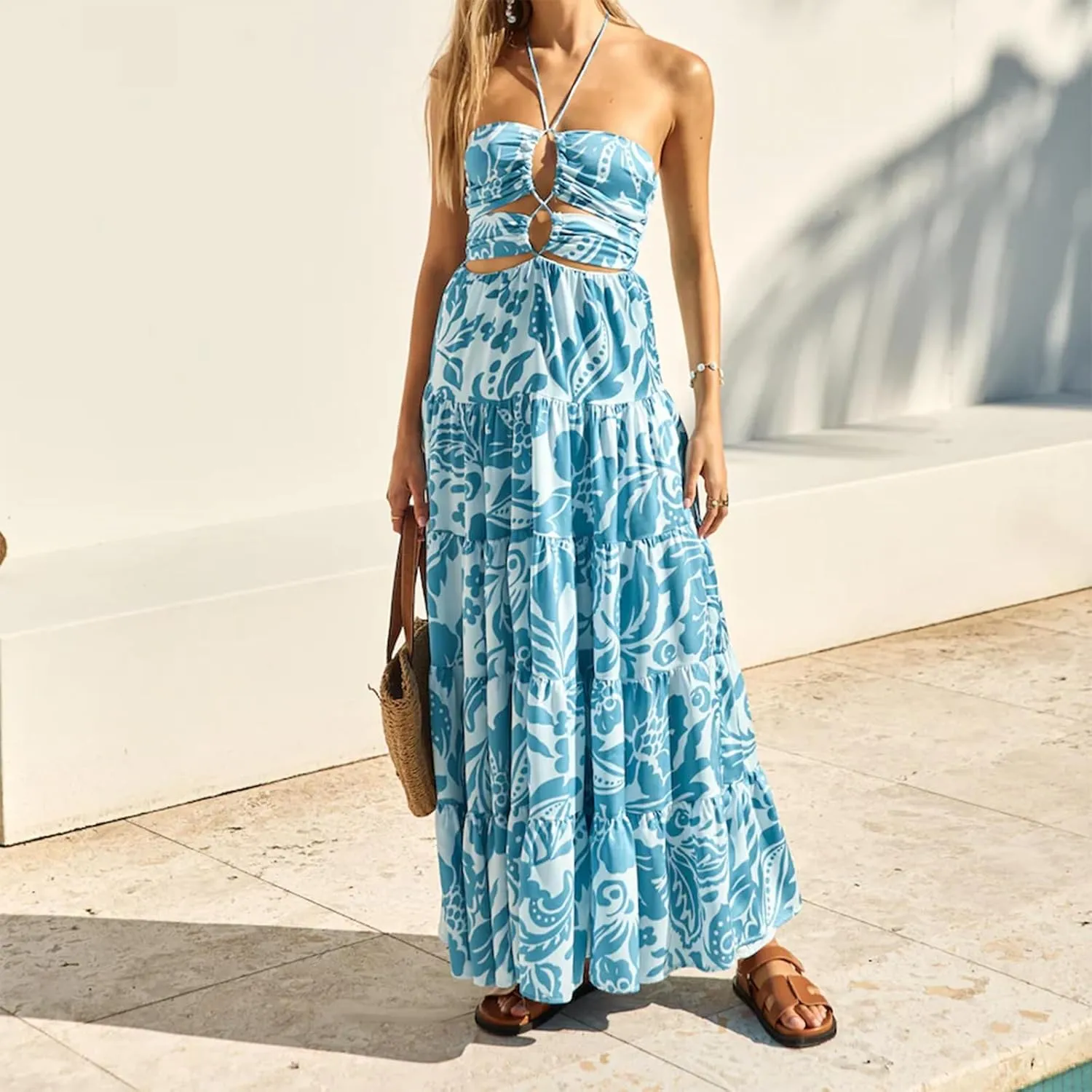 Women's Ruched Backless Mesh Maxi Dress Sleeveless Cutout Tie Up Sundress V Neck Low Cut Solid Color Chiffon Dress