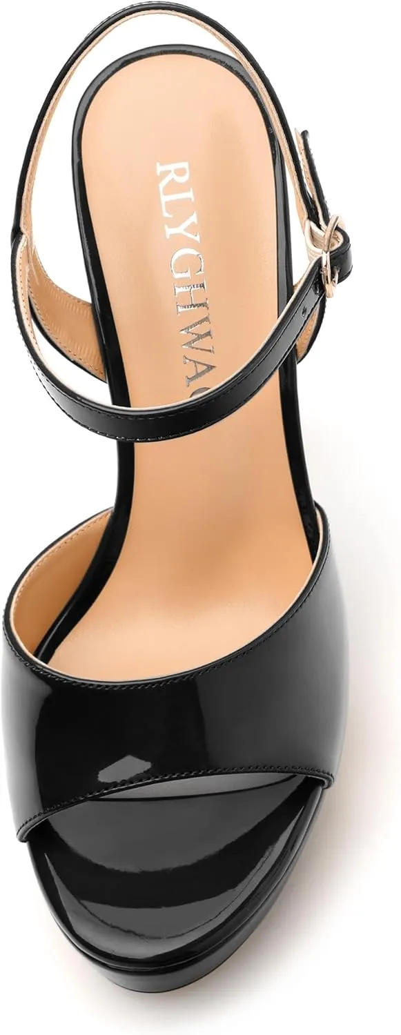 Womens Sandals, Round Open Toe Platform Sandals, Adjustable Ankle Strap Buckle High Heels, Fashion Solid Patent Sandals