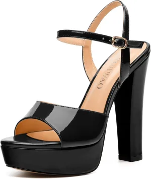 Womens Sandals, Round Open Toe Platform Sandals, Adjustable Ankle Strap Buckle High Heels, Fashion Solid Patent Sandals