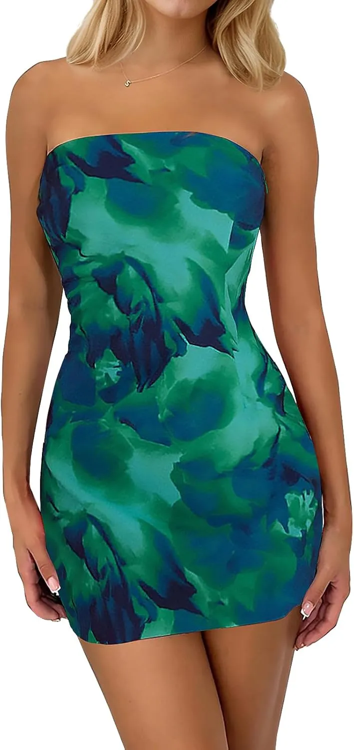 Women's Sexy Tube Mini Dress Floral Print Strapless Bodycon Short Dress Y2k Cocktail Party Going Out Bandeau Dresses