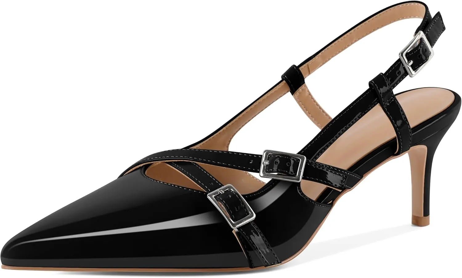Women's Slingback Kitten Heels Buckle Strap Work Pumps Pointed Toe Sandals Slip On Comfortable 2.5 Inch Dress Shoes