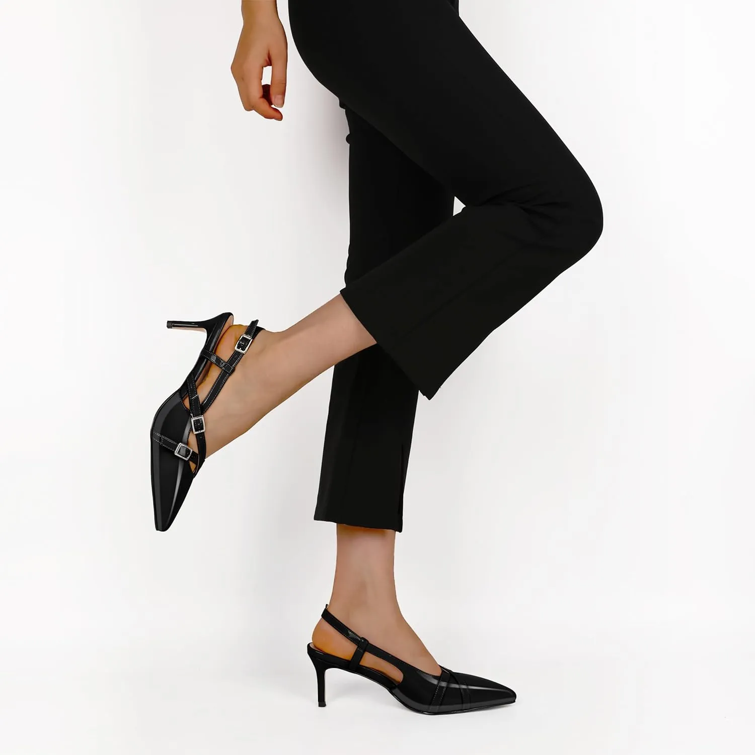 Women's Slingback Kitten Heels Buckle Strap Work Pumps Pointed Toe Sandals Slip On Comfortable 2.5 Inch Dress Shoes