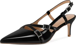 Women's Slingback Kitten Heels Buckle Strap Work Pumps Pointed Toe Sandals Slip On Comfortable 2.5 Inch Dress Shoes