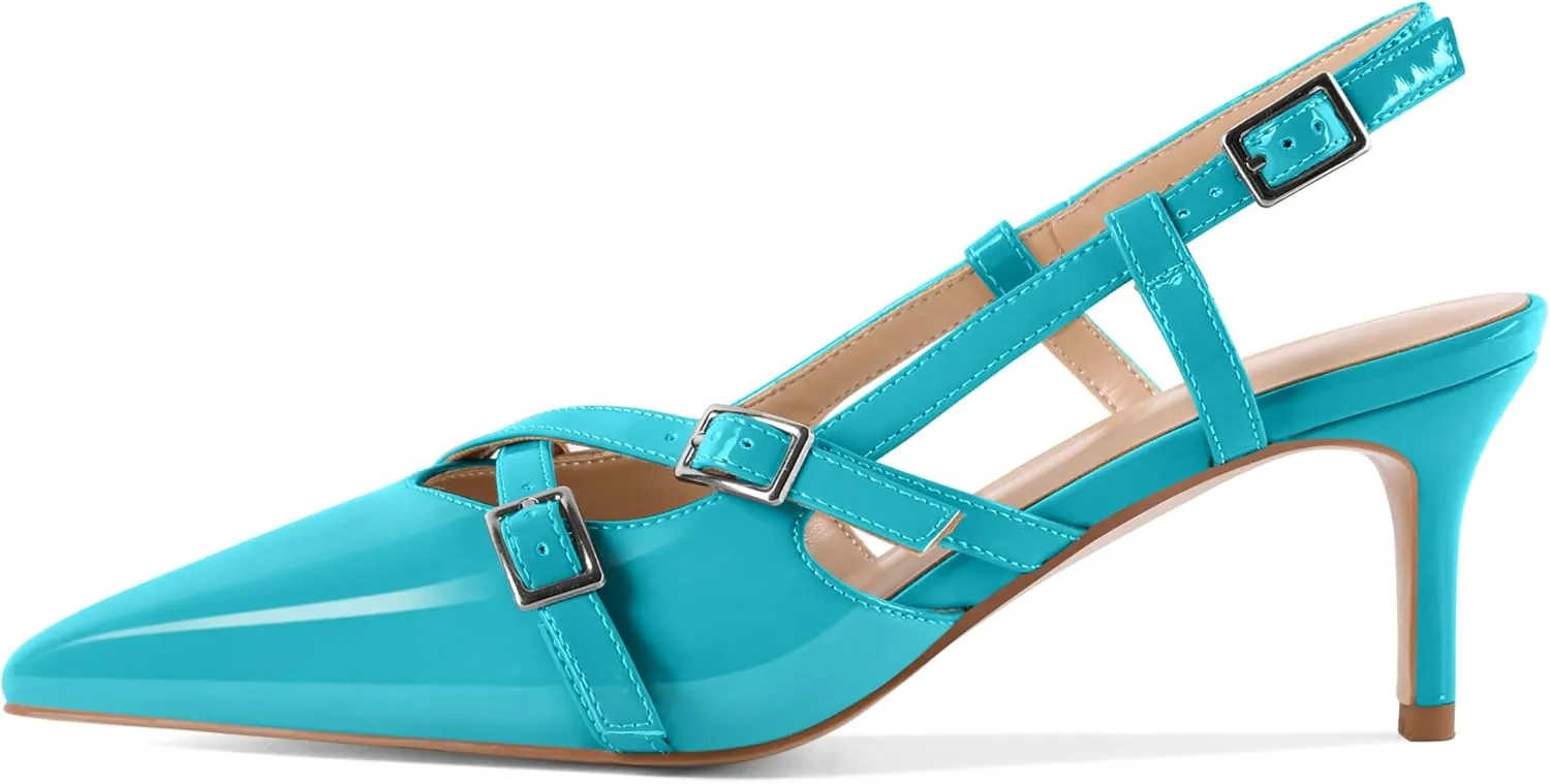 Women's Slingback Kitten Heels Buckle Strap Work Pumps Pointed Toe Sandals Slip On Comfortable 2.5 Inch Dress Shoes