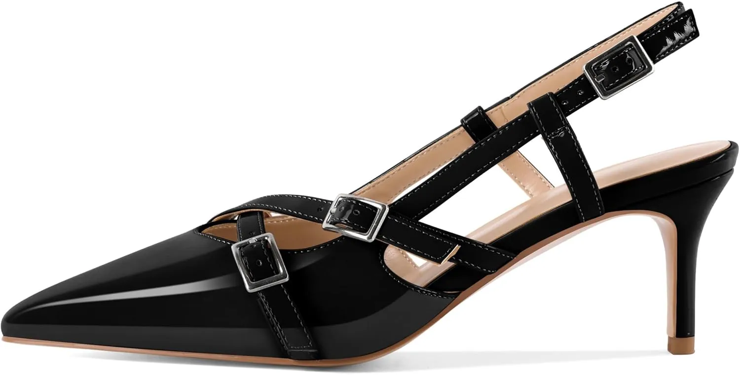 Women's Slingback Kitten Heels Buckle Strap Work Pumps Pointed Toe Sandals Slip On Comfortable 2.5 Inch Dress Shoes