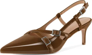 Women's Slingback Kitten Heels Buckle Strap Work Pumps Pointed Toe Sandals Slip On Comfortable 2.5 Inch Dress Shoes