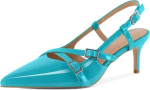 Women's Slingback Kitten Heels Buckle Strap Work Pumps Pointed Toe Sandals Slip On Comfortable 2.5 Inch Dress Shoes