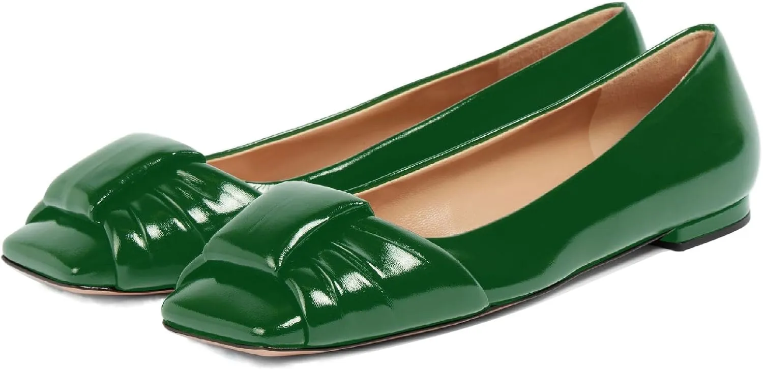 Women's Square Toe Ballet Flats Comfort Slip On Closed Toe Dressy Flats Fashion Patent Ruched Knot Evening Wedding Work Low Heel Shoes for Ladies