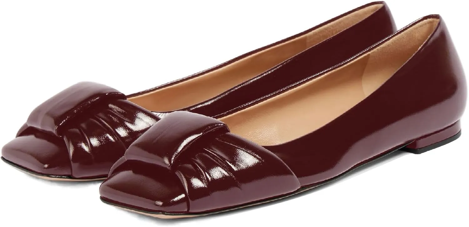 Women's Square Toe Ballet Flats Comfort Slip On Closed Toe Dressy Flats Fashion Patent Ruched Knot Evening Wedding Work Low Heel Shoes for Ladies