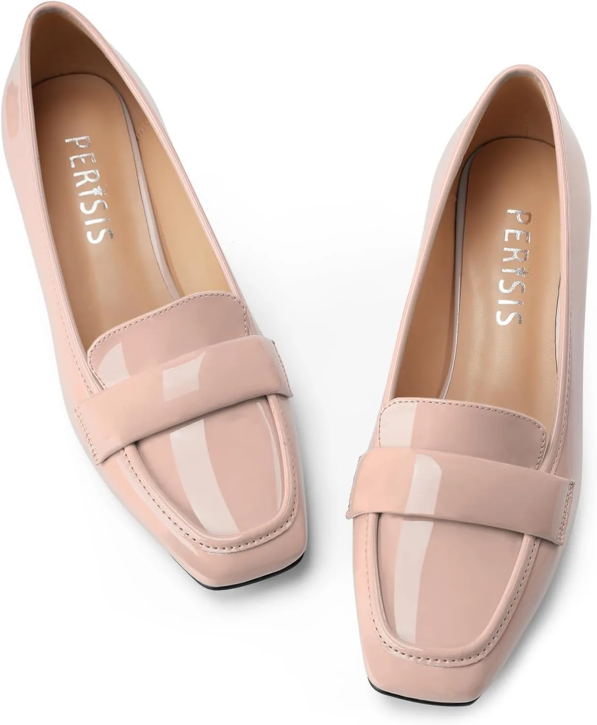 Women's Square Toe Chunky Low Heel Penny Loafers Shoes Black Patent Leather Comfortable Slip On Work Business Dressy Classic Pumps