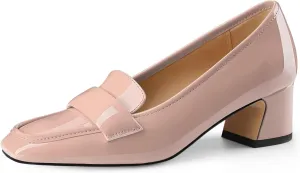 Women's Square Toe Chunky Low Heel Penny Loafers Shoes Black Patent Leather Comfortable Slip On Work Business Dressy Classic Pumps