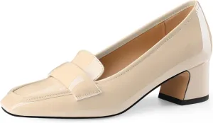 Women's Square Toe Chunky Low Heel Penny Loafers Shoes Black Patent Leather Comfortable Slip On Work Business Dressy Classic Pumps