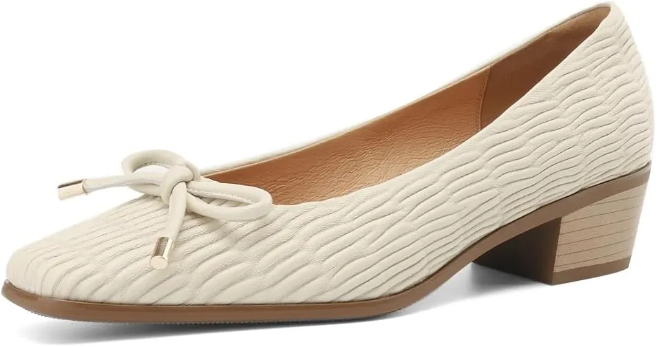 Women's Square Toe Wavy Genuine Leather Handmade Bowtie Low Chunky Heels Casual Loafers Shoes