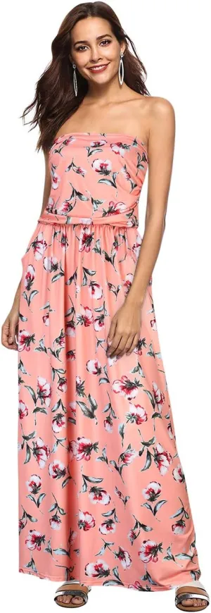 Womens Strapless Graceful Floral Party Maxi Dress