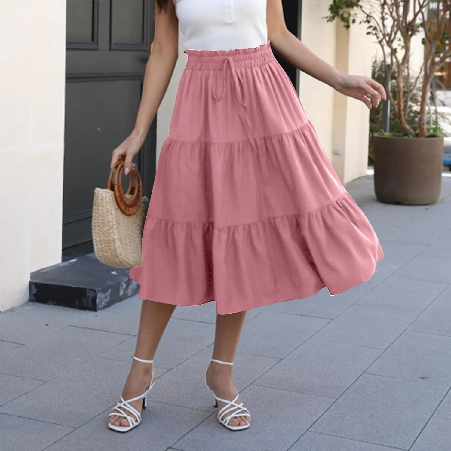 Women's Summer Boho Floral Print Long Skirt A-Line Flowy Ruffle Tiered Elastic High Waisted Beach Vacation Maxi Skirt