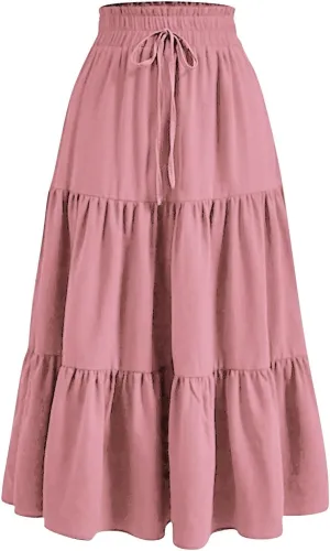 Women's Summer Boho Floral Print Long Skirt A-Line Flowy Ruffle Tiered Elastic High Waisted Beach Vacation Maxi Skirt