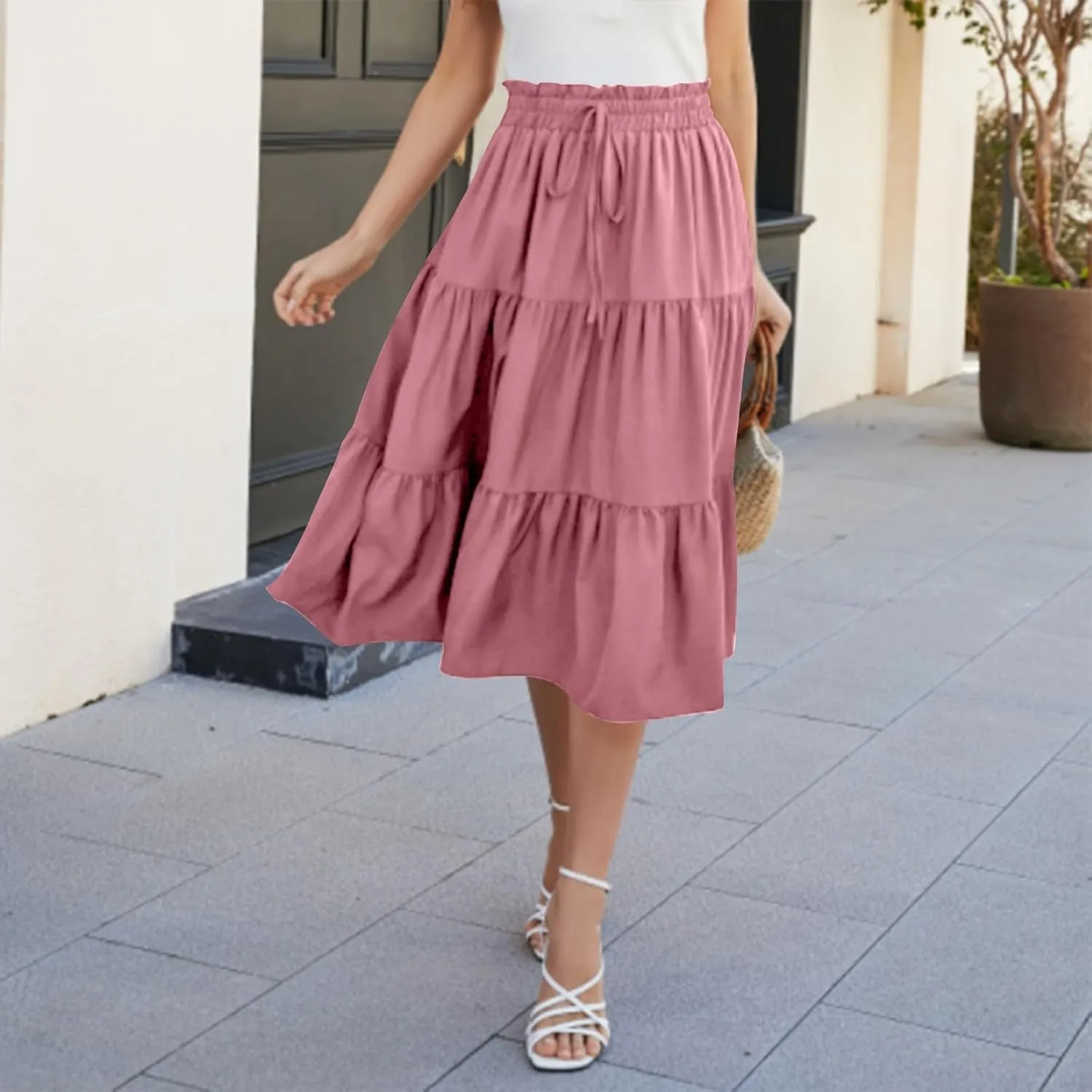 Women's Summer Boho Floral Print Long Skirt A-Line Flowy Ruffle Tiered Elastic High Waisted Beach Vacation Maxi Skirt
