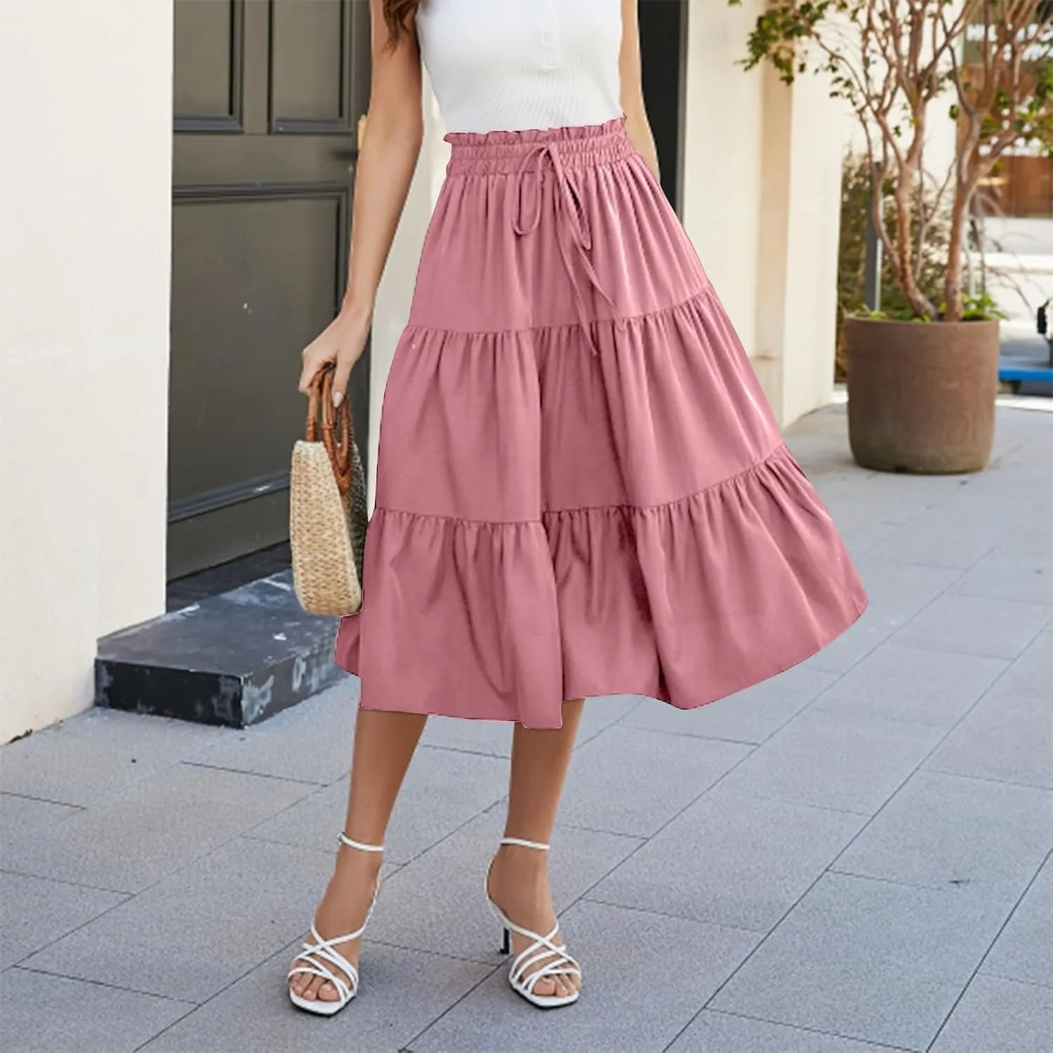 Women's Summer Boho Floral Print Long Skirt A-Line Flowy Ruffle Tiered Elastic High Waisted Beach Vacation Maxi Skirt