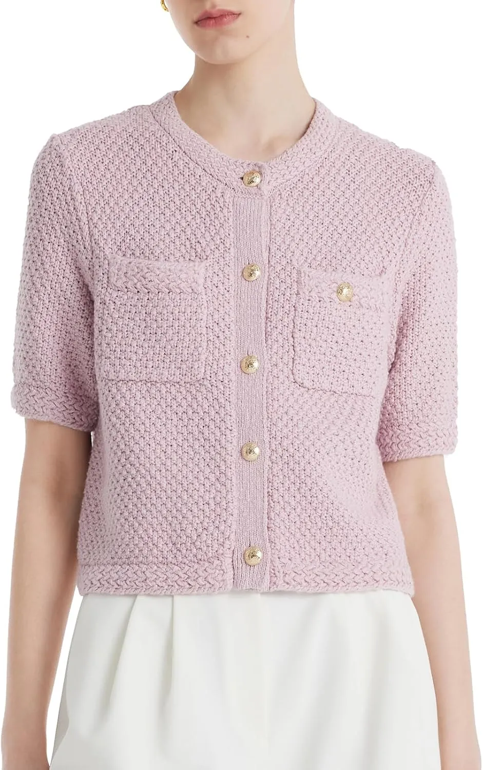 Women's Summer Cropped Cardigan Knitted Blouse Top Short Sleeve Crewneck Button Up Open Front T Shirts 2024 Trendy