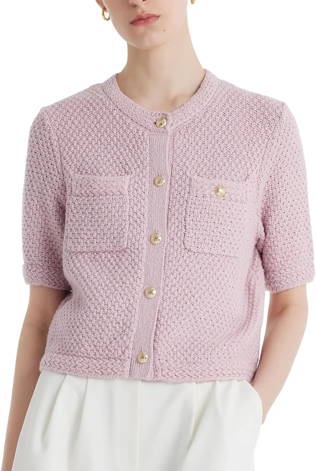 Women's Summer Cropped Cardigan Knitted Blouse Top Short Sleeve Crewneck Button Up Open Front T Shirts 2024 Trendy
