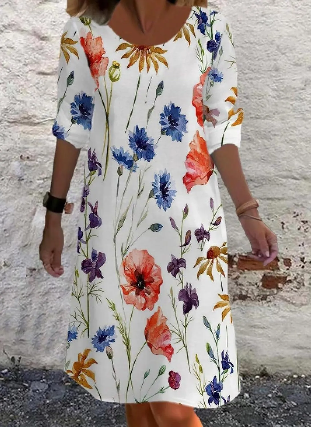 Womens Summer Dress Floral Print Short Sleeve Loose Fit Midi Length 2025 Spring Casual Summer Party Dress