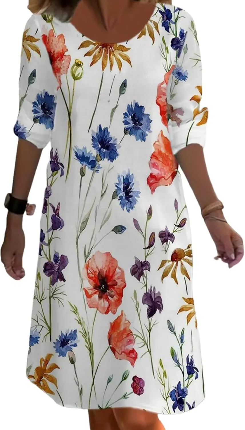 Womens Summer Dress Floral Print Short Sleeve Loose Fit Midi Length 2025 Spring Casual Summer Party Dress