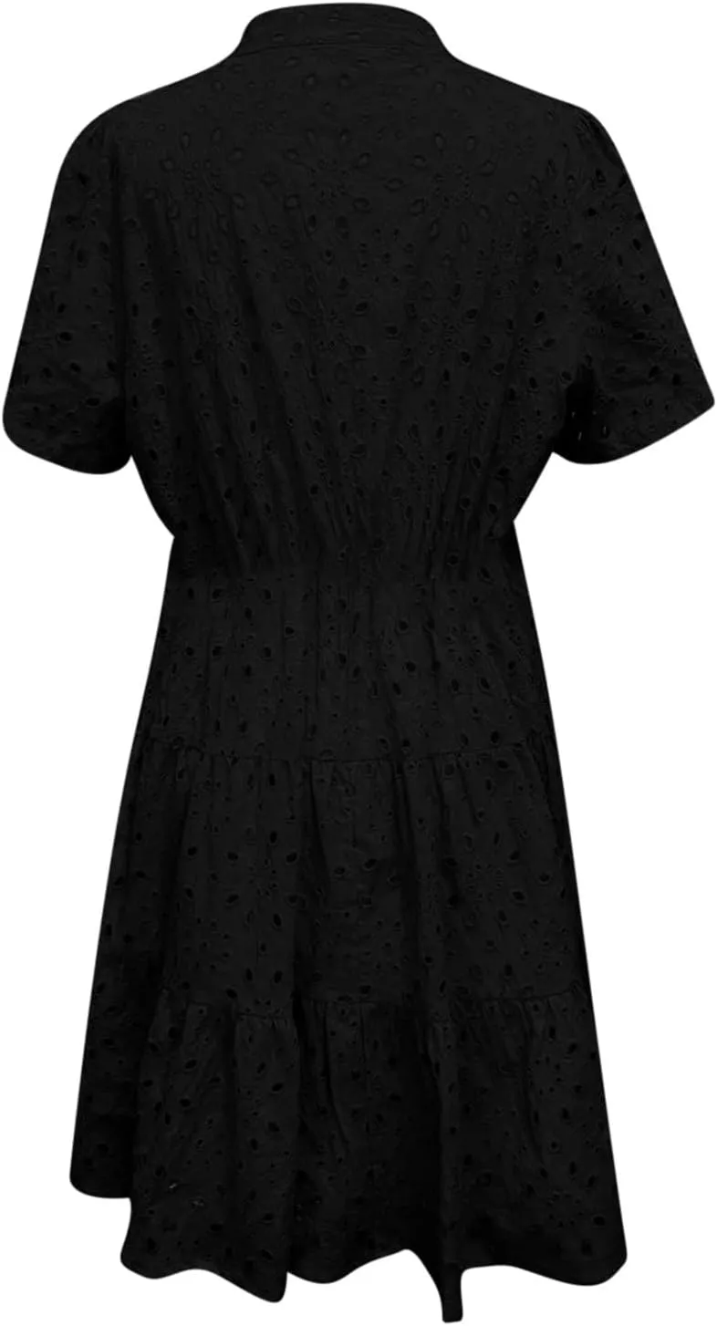 Womens Summer Dresses 2025 Casual Puff Short Sleeve Spring Ruffle Mini Tshirt Dress Fashion Hollow Out Dress