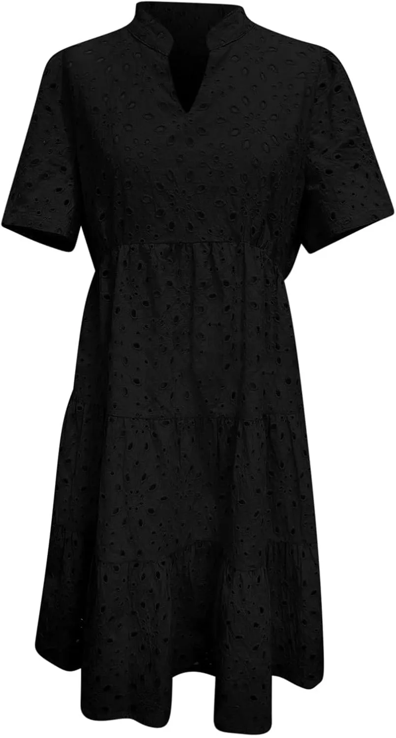 Womens Summer Dresses 2025 Casual Puff Short Sleeve Spring Ruffle Mini Tshirt Dress Fashion Hollow Out Dress