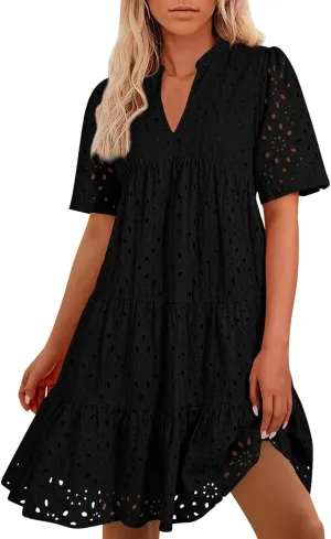 Womens Summer Dresses 2025 Casual Puff Short Sleeve Spring Ruffle Mini Tshirt Dress Fashion Hollow Out Dress