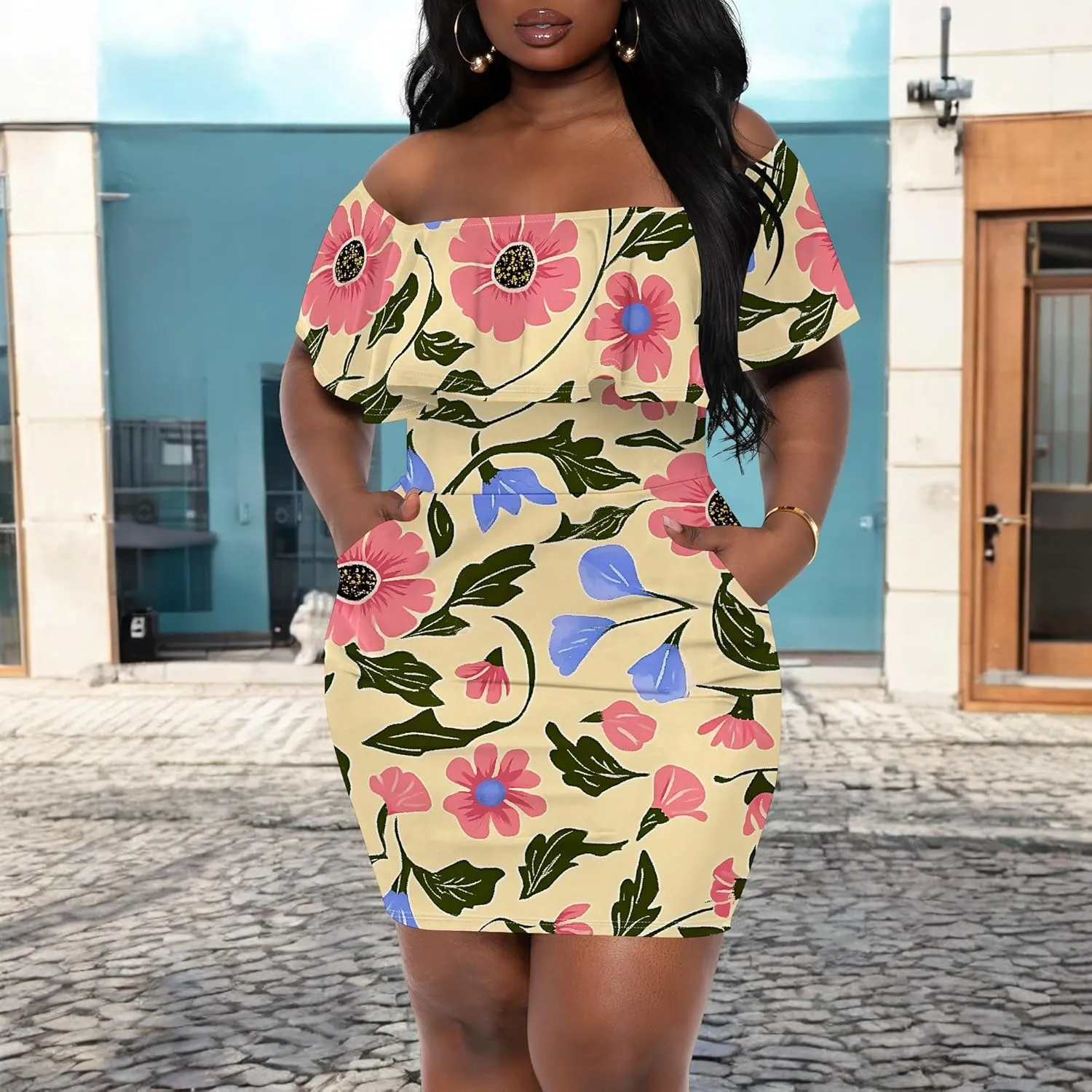 Women's Summer Off Shoulder Ruffle Slim Fit Short Sleeve Floral Print Mini Dress Party Club Bodycon Dresses with Pockets