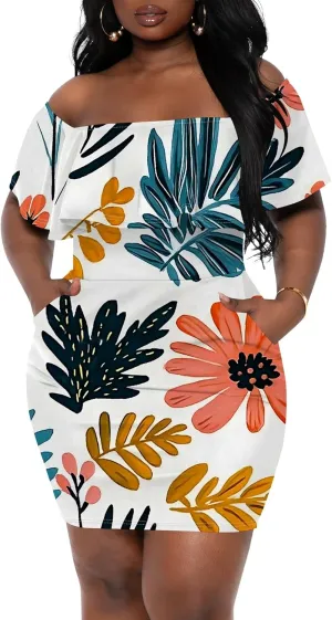Women's Summer Off Shoulder Ruffle Slim Fit Short Sleeve Floral Print Mini Dress Party Club Bodycon Dresses with Pockets