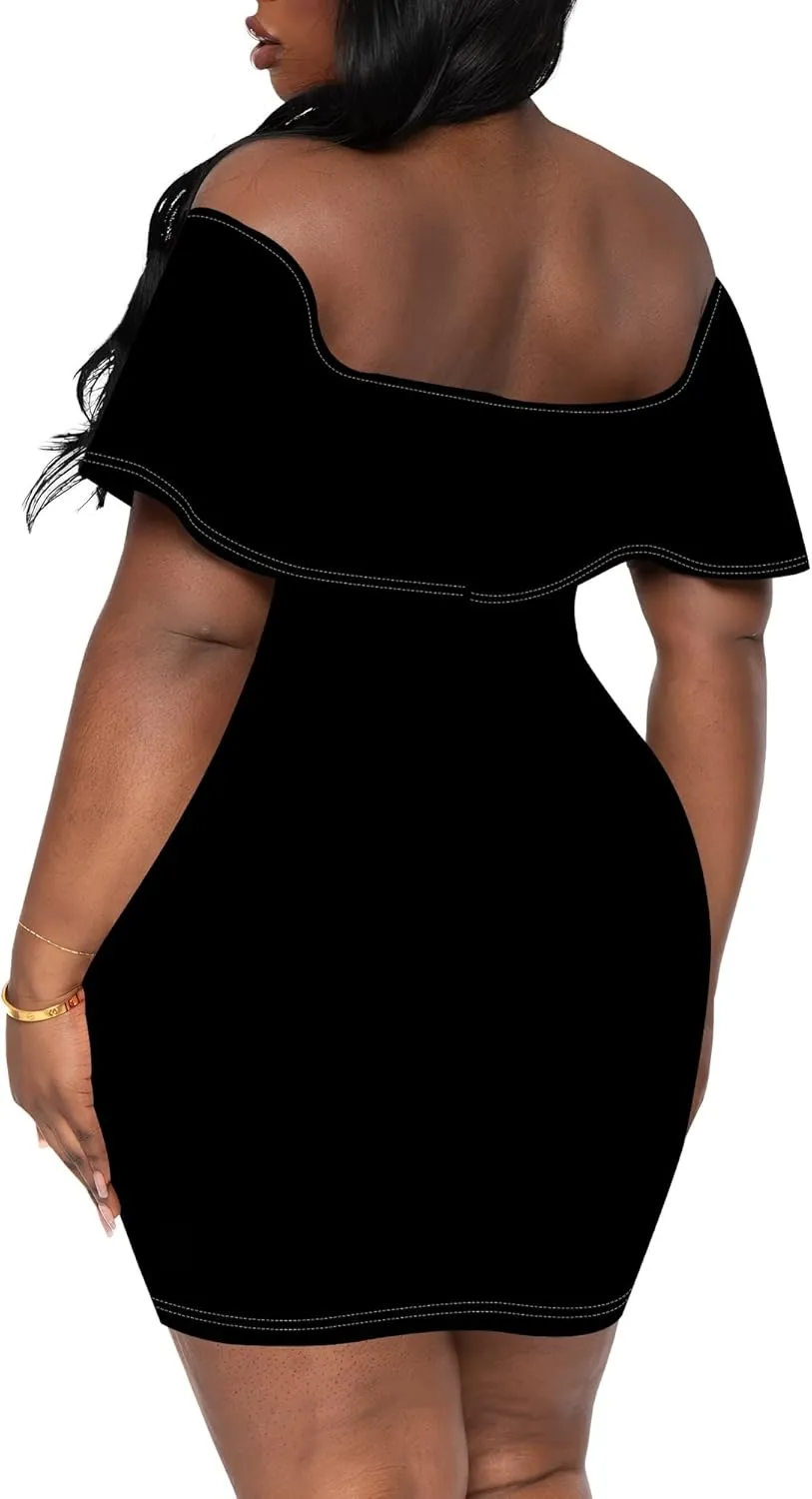 Women's Summer Off Shoulder Ruffle Slim Fit Short Sleeve Floral Print Mini Dress Party Club Bodycon Dresses with Pockets