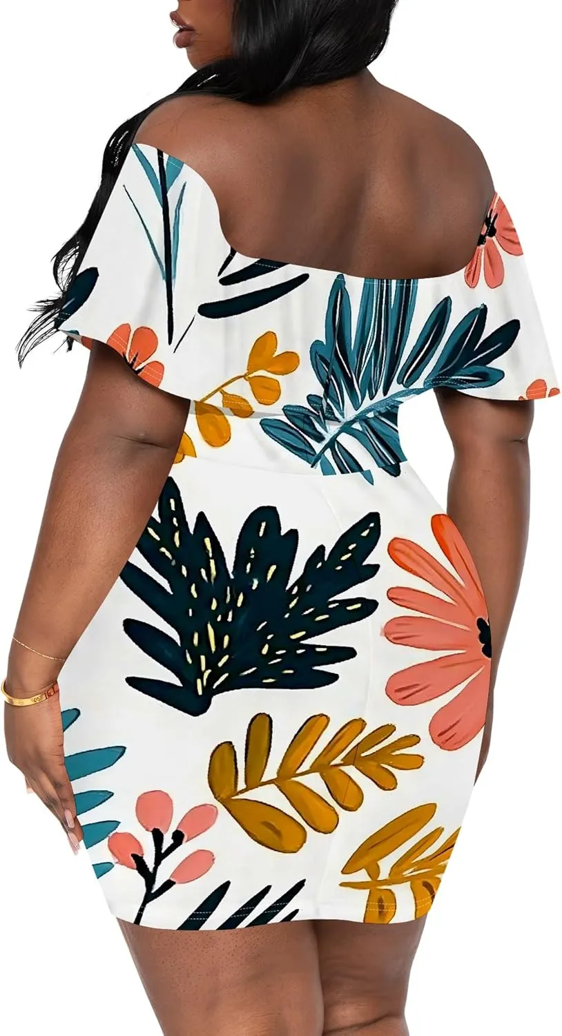 Women's Summer Off Shoulder Ruffle Slim Fit Short Sleeve Floral Print Mini Dress Party Club Bodycon Dresses with Pockets