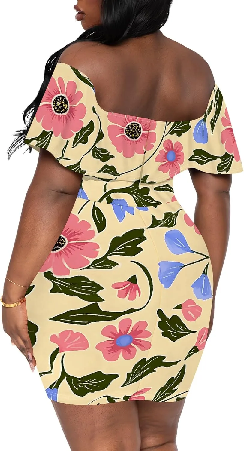 Women's Summer Off Shoulder Ruffle Slim Fit Short Sleeve Floral Print Mini Dress Party Club Bodycon Dresses with Pockets