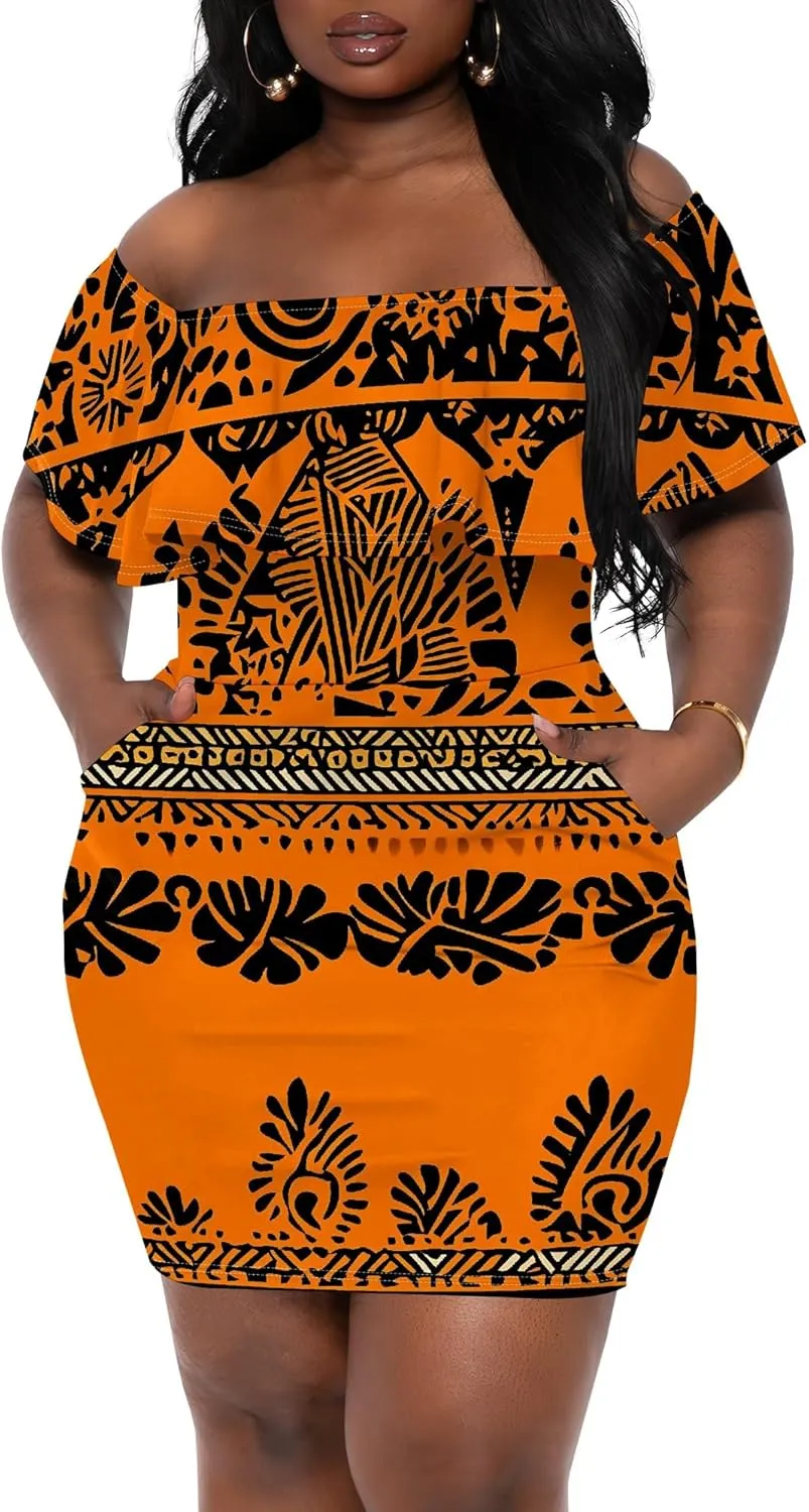 Women's Summer Off Shoulder Ruffle Slim Fit Short Sleeve Floral Print Mini Dress Party Club Bodycon Dresses with Pockets
