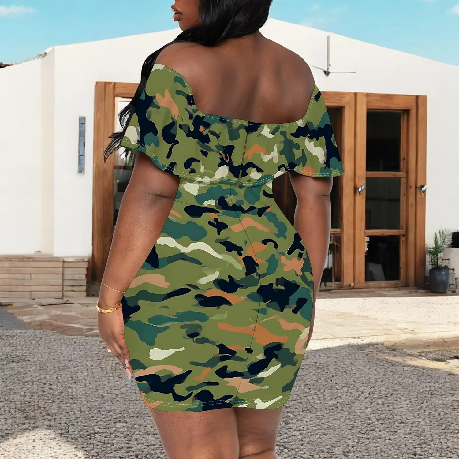 Women's Summer Off Shoulder Ruffle Slim Fit Short Sleeve Floral Print Mini Dress Party Club Bodycon Dresses with Pockets