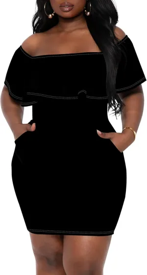 Women's Summer Off Shoulder Ruffle Slim Fit Short Sleeve Floral Print Mini Dress Party Club Bodycon Dresses with Pockets