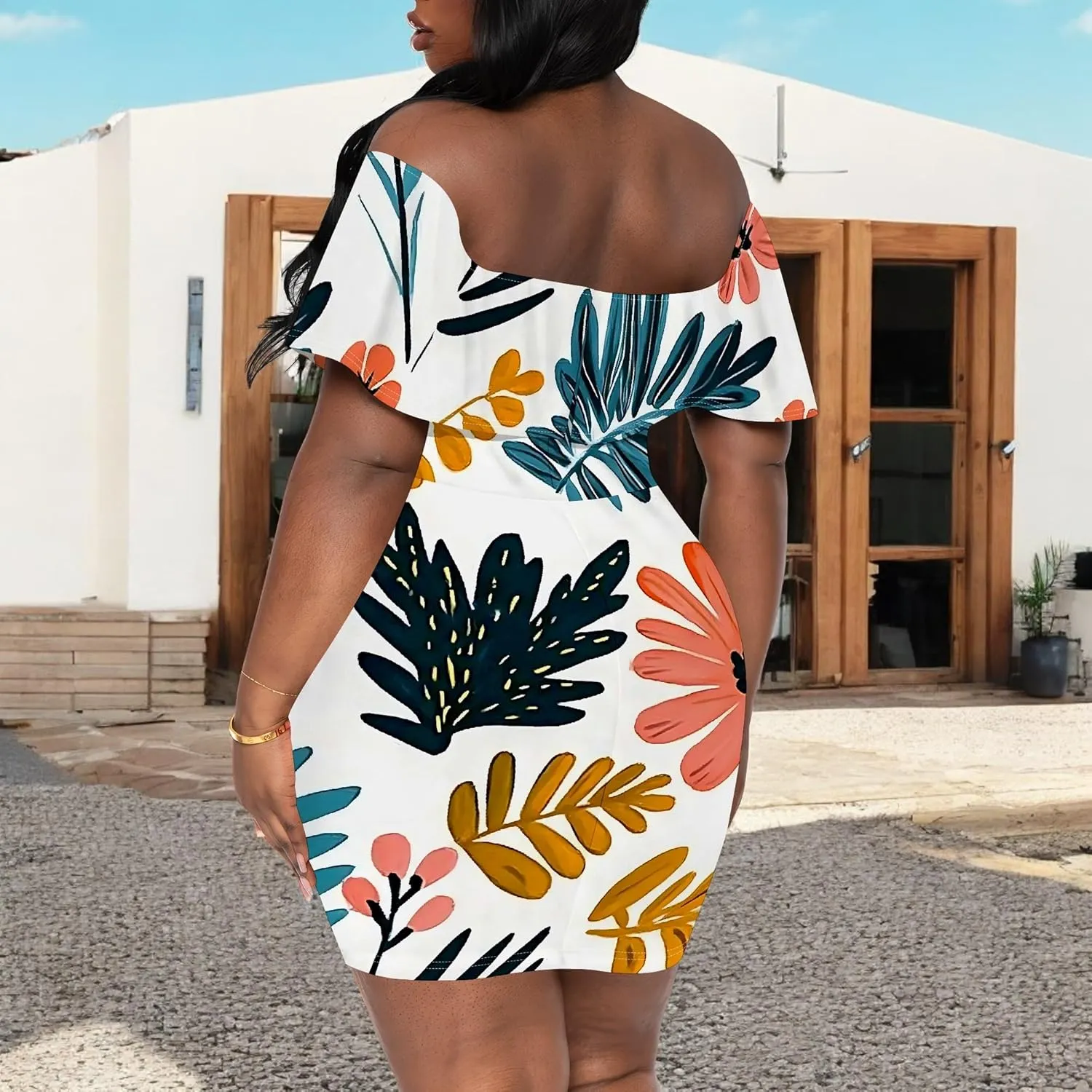 Women's Summer Off Shoulder Ruffle Slim Fit Short Sleeve Floral Print Mini Dress Party Club Bodycon Dresses with Pockets