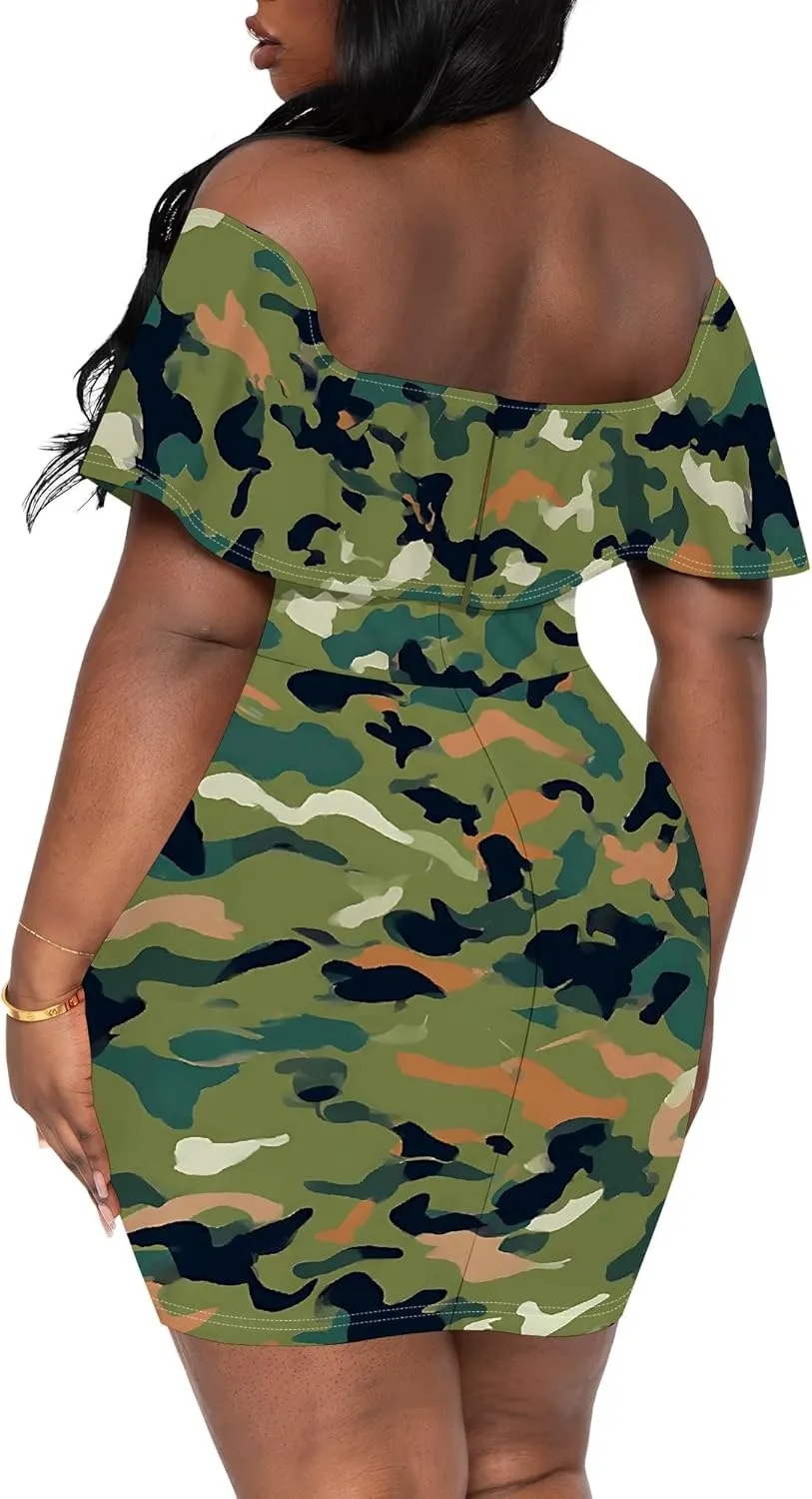 Women's Summer Off Shoulder Ruffle Slim Fit Short Sleeve Floral Print Mini Dress Party Club Bodycon Dresses with Pockets