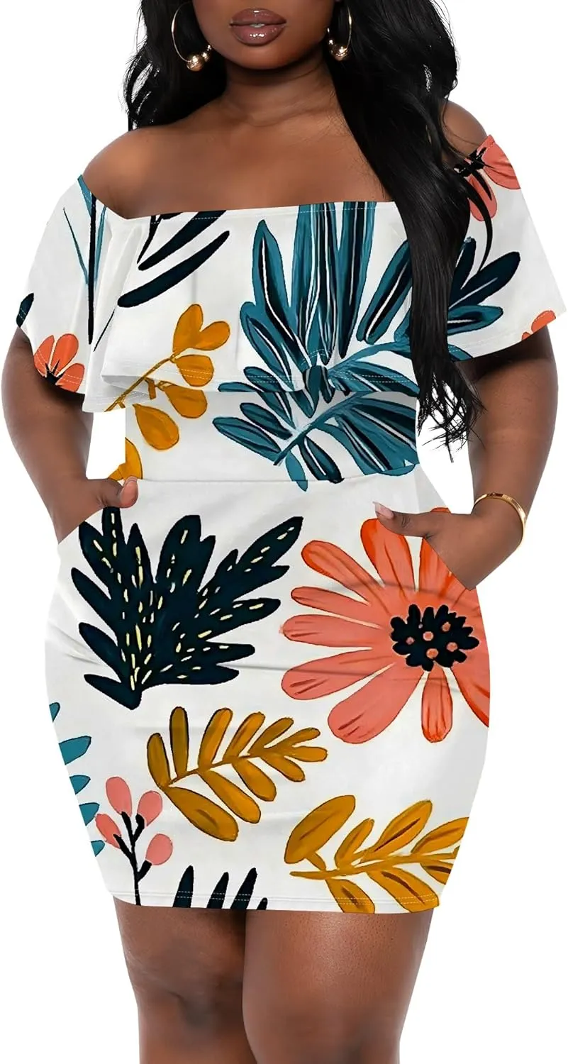 Women's Summer Off Shoulder Ruffle Slim Fit Short Sleeve Floral Print Mini Dress Party Club Bodycon Dresses with Pockets